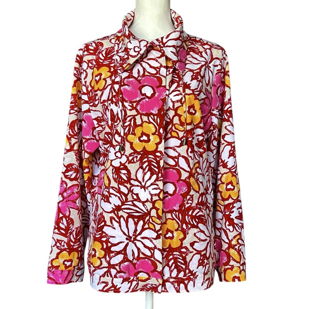CHICO'S ZENERGY Floral Windbreaker Jacket sz 2 (14/16) Orange Pink Lightweight